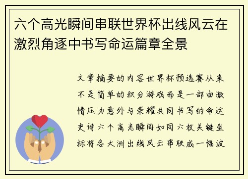 六个高光瞬间串联世界杯出线风云在激烈角逐中书写命运篇章全景
